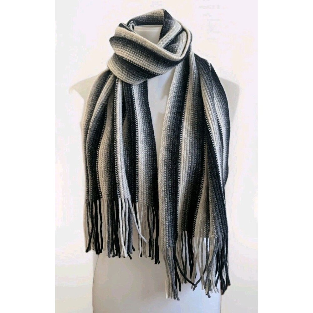 Vtg Nardi Tagliaferri Italian Wool Blend Knit Scarf Black White Chevron Stripe